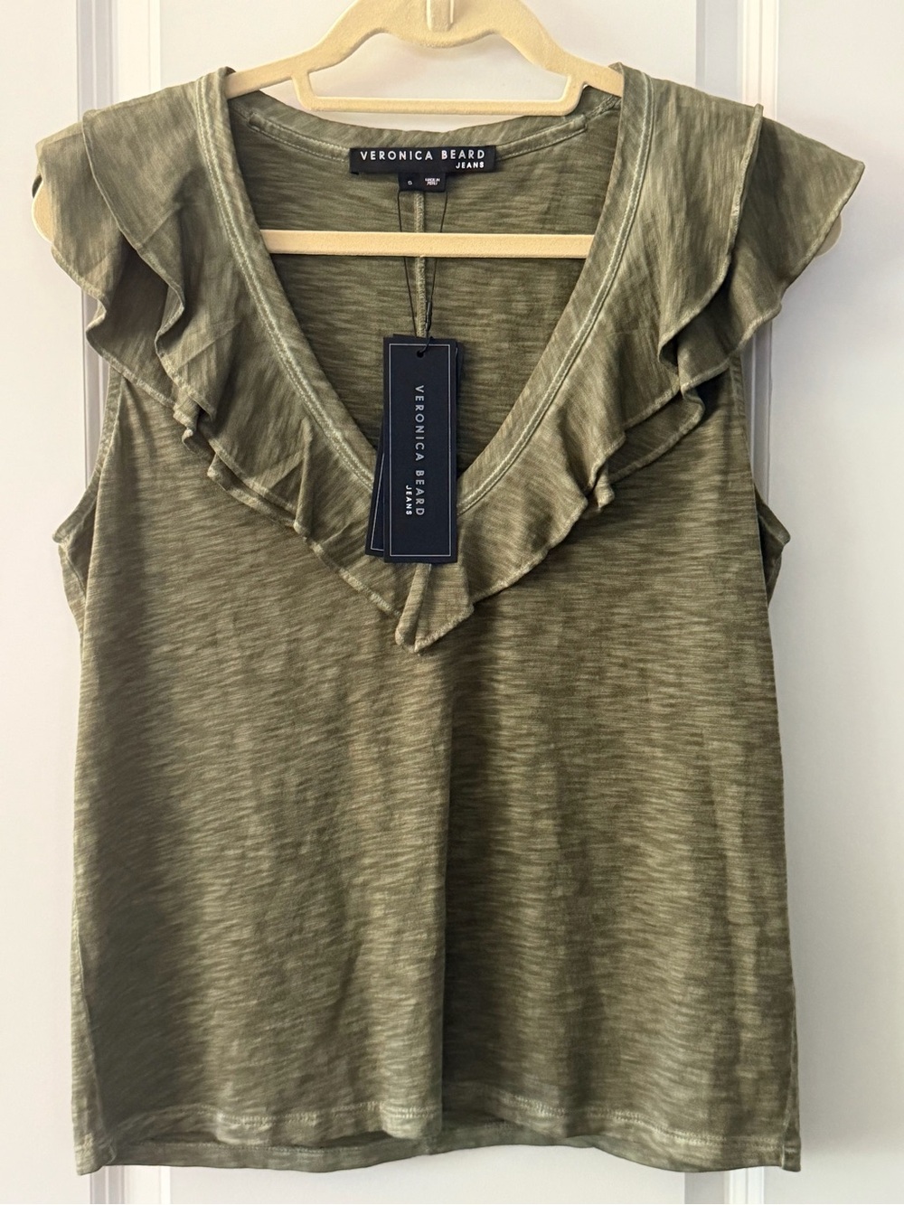 Veronica Beard Olive Green Ruffle V-Neck Sleeveless Top NWT